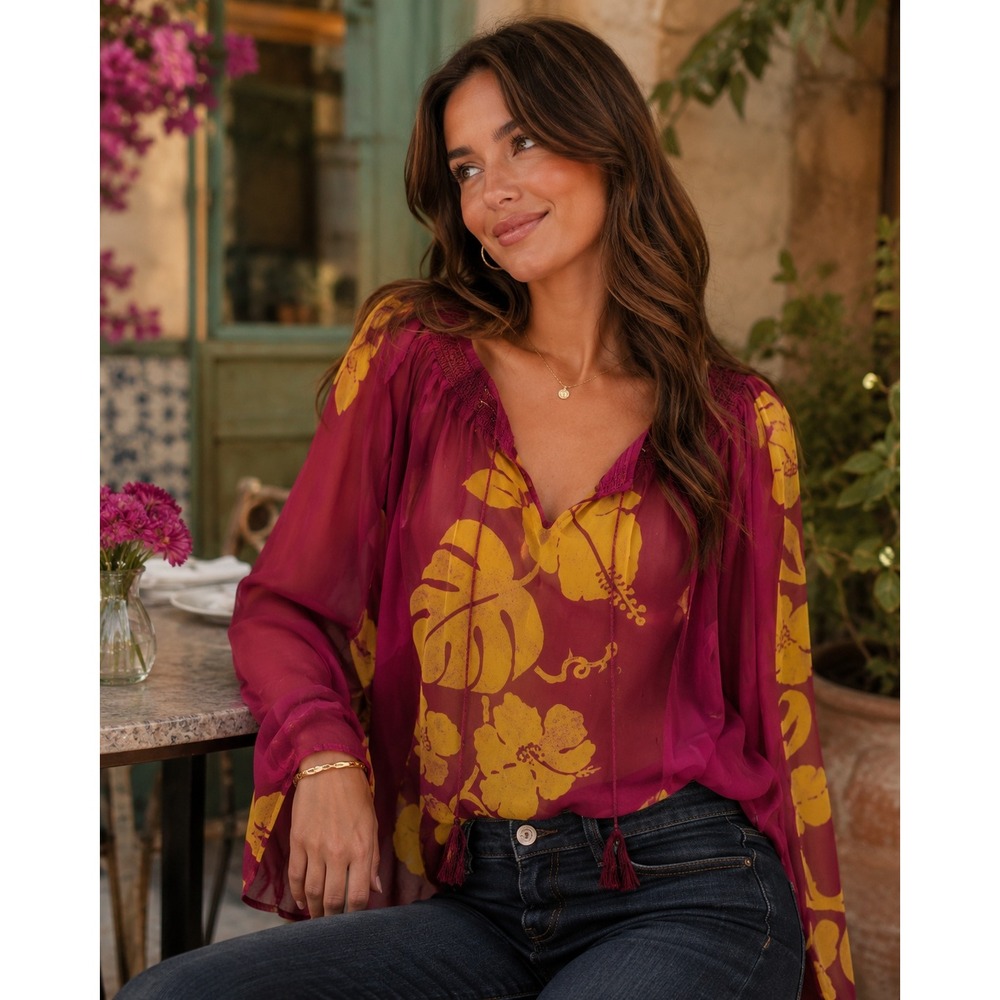 Lucky Brand Medium 100% Silk Blouse Top Magenta Yellow Tropical Floral Boho 1182